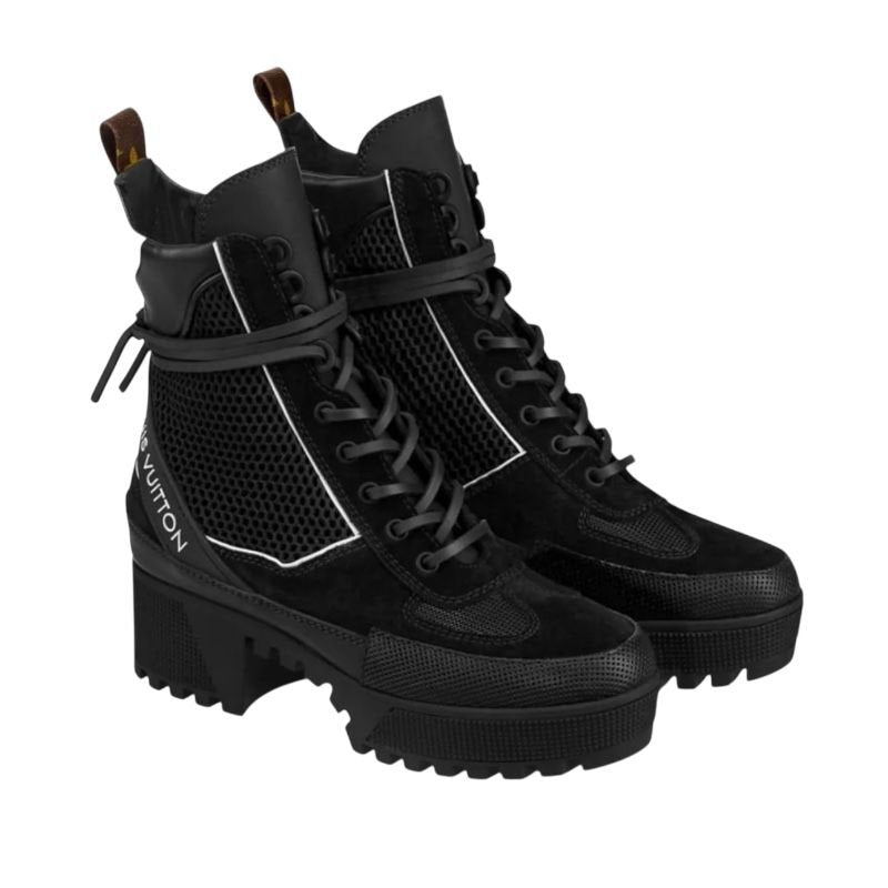 Louis Vuitton Black Suede, Mesh And Leather Laureate Platform Desert Ankle Boots