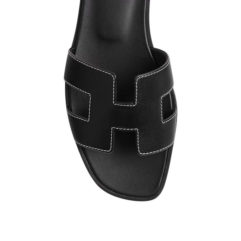 Hermes Oran Sandal Black Calfskin – White Top Stitch Flat Shoes