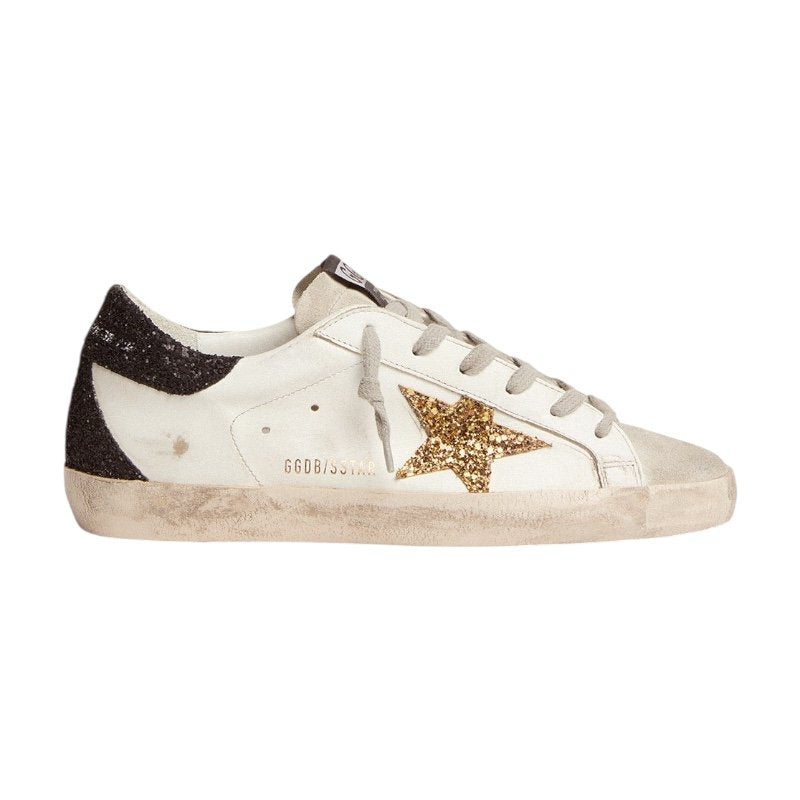 Golden goose Super-Star in nappa leather with gold glitter star and black glitter heel tab