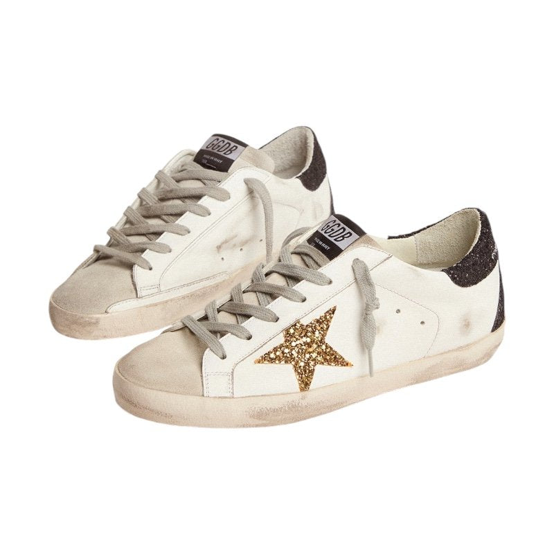 Golden goose Super-Star in nappa leather with gold glitter star and black glitter heel tab